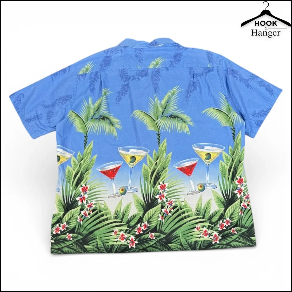 Vintage RJC Hawaiian Camp Shirt 3XL Blue Martini Tropical Palm USA Vacation Blue - Picture 7 of 8